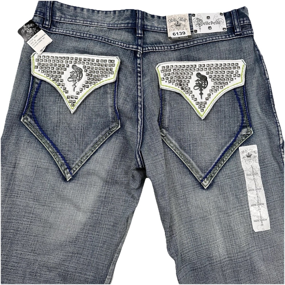 NEW VTG Pelle Pelle Studded Wide Leg Jeans 38x34 Blue Y2K Hip-Hop Flap Pockets